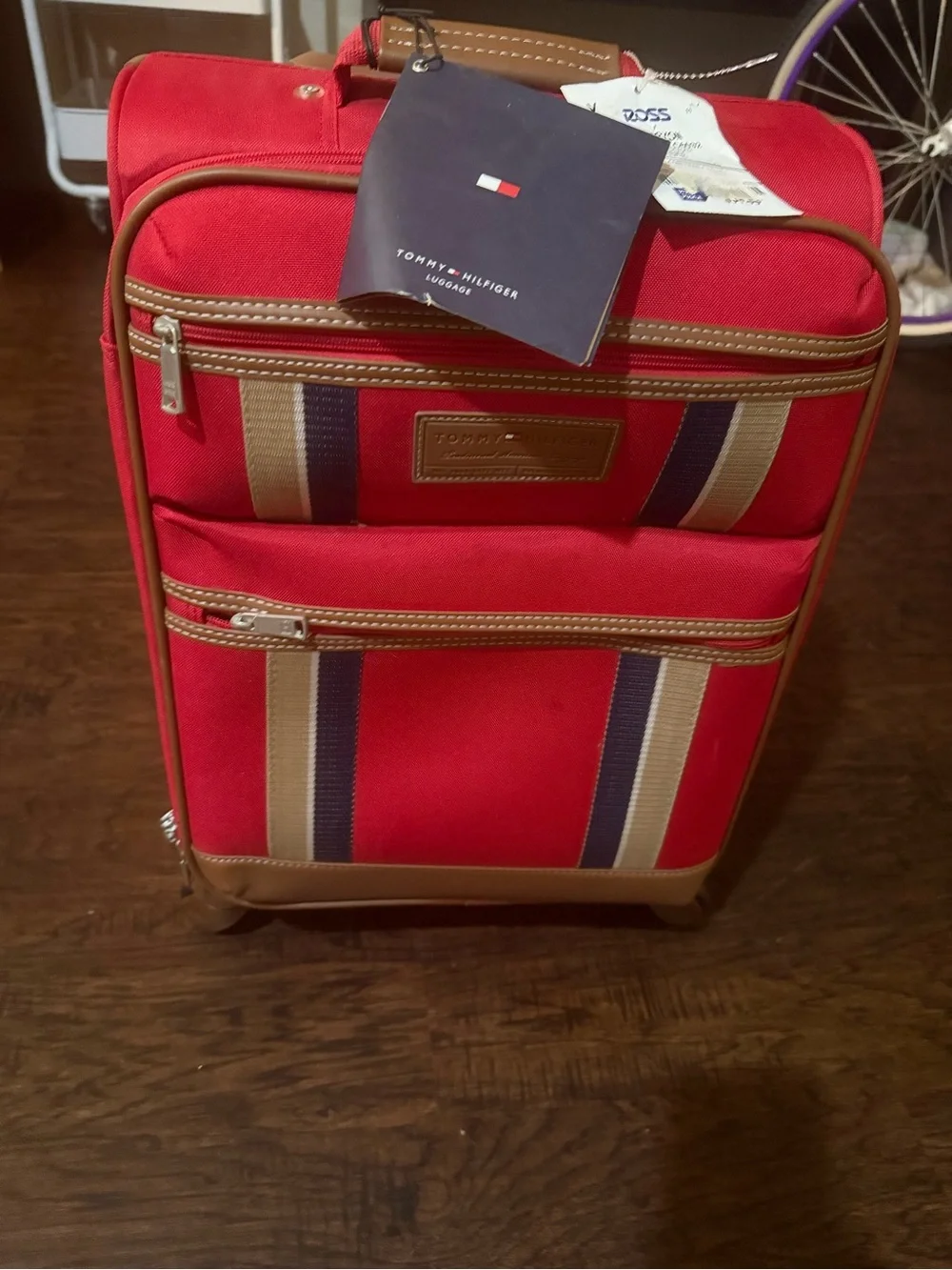 Tommy Hilfiger Red Carry-On Spinner with Striped Trim